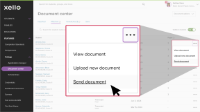 Document center in Xello, on the Matched tab. In a student's row, the three-dot menu is open and Send document is being selected